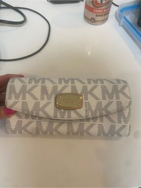 Michael Kors White and Gray MK Logo Continental Wallet with Gold Plaque